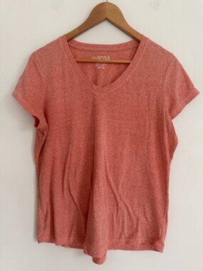 My Style Women Orange V Neck Short Sleeves Pullover Fitted T Shirt Size XL